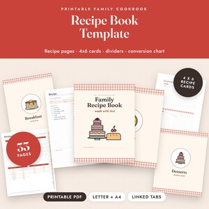 Recipe Book Template Printable, Family Cookbook, 4x6 Recipe Cards, Kitchen Binder Pages image 1
