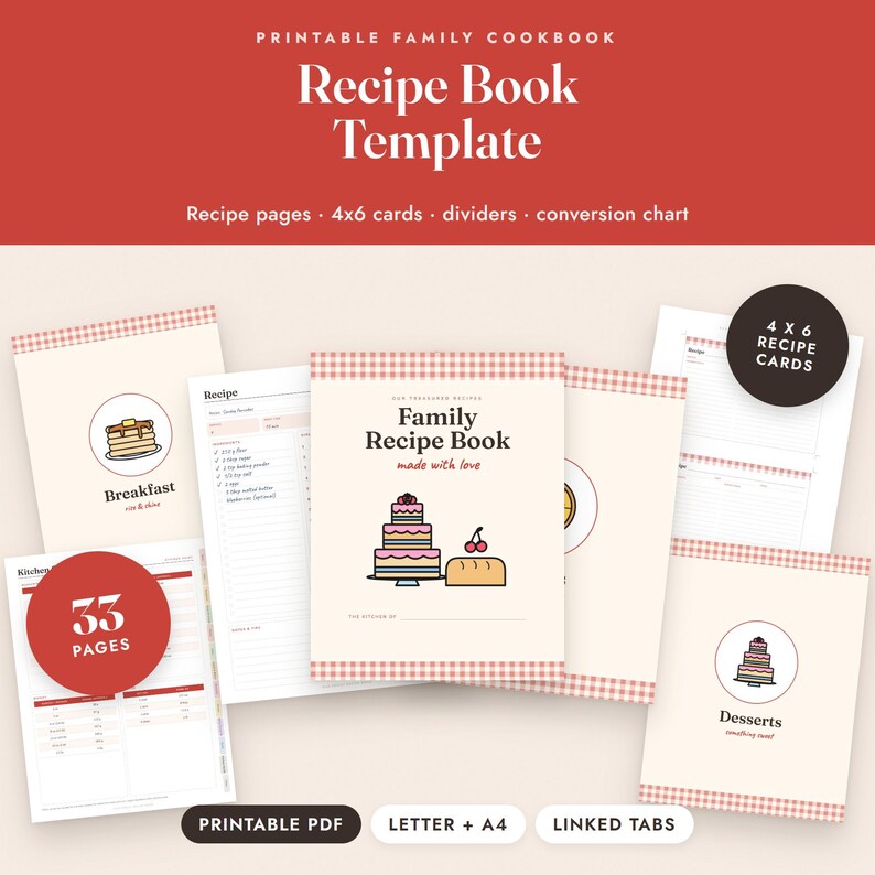Recipe Book Template Printable, Family Cookbook, 4x6 Recipe Cards, Kitchen Binder Pages image 1