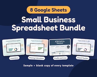 Peut inclure: Un ensemble numérique de 8 modèles Google Sheets pour petites entreprises, comprenant un suivi des stocks, un calculateur de prix, un compte de résultat et un suivi client CRM, avec des copies vierges et des exemples.