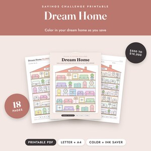 Savings Challenge Printable, Dream Home Color In Tracker, 500 to 10000, Letter A4 image 1