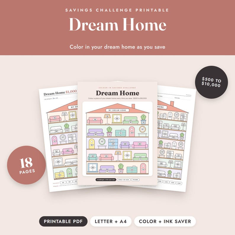Savings Challenge Printable, Dream Home Color In Tracker, 500 to 10000, Letter A4 image 1