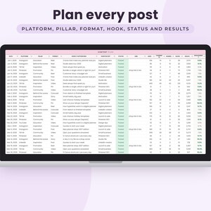 May include: A laptop screen displaying a digital content plan spreadsheet with columns for date, platform, pillar, format, hook, status, and results. The text at the top reads Plan every post, PLATFORM, PILLAR, FORMAT, HOOK, STATUS AND RESULTS.