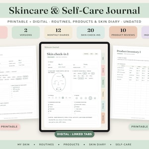 Skincare Journal Printable, Self Care Planner, Routine Tracker, Skin Diary, Product Inventory, Digital Undated image 1