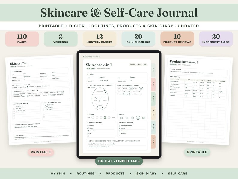 Skincare Journal Printable, Self Care Planner, Routine Tracker, Skin Diary, Product Inventory, Digital Undated image 1