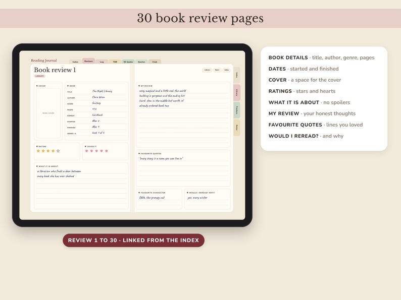 Digital Reading Journal, Hyperlinked Book Tracker with Review Pages, TBR List and Yearly Challenge image 2