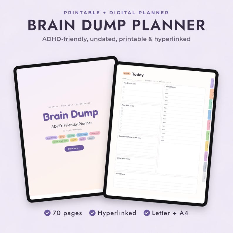 ADHD Planner Printable and Digital, Undated Brain Dump Pages, Focus Routine, Letter A4 Bild 1