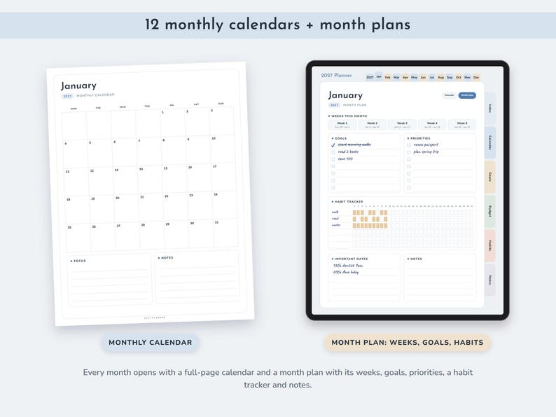 2027 Printable Planner, Monthly Weekly Calendar Pages, US Letter PDF plus Hyperlinked Digital Version image 2