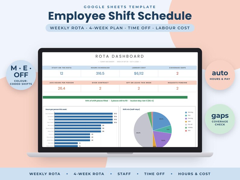 Employee Shift Schedule Google Sheets, Staff Rota Planner, Weekly Roster Template, Labour Cost Tracker image 1