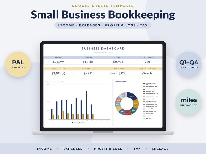 Small Business Bookkeeping Spreadsheet Google Sheets, Profit and Loss, Income Expense Tracker, Tax Estimate image 1