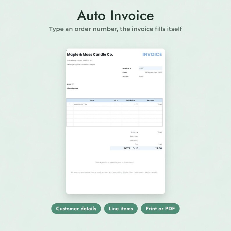 May include: A digital invoice template titled Auto Invoice with the text Type an order number, the invoice fills itself. The document displays Maple & Moss Candle Co. details, a bill to section, itemized rows, and a total due calculation.