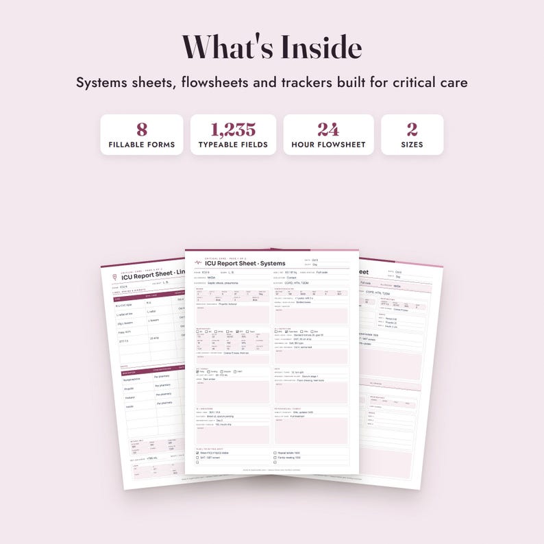 Nurse Report Sheet ICU, Fillable Critical Care Brain Sheet, Drips, Flowsheet, SBAR, Letter A4 image 2