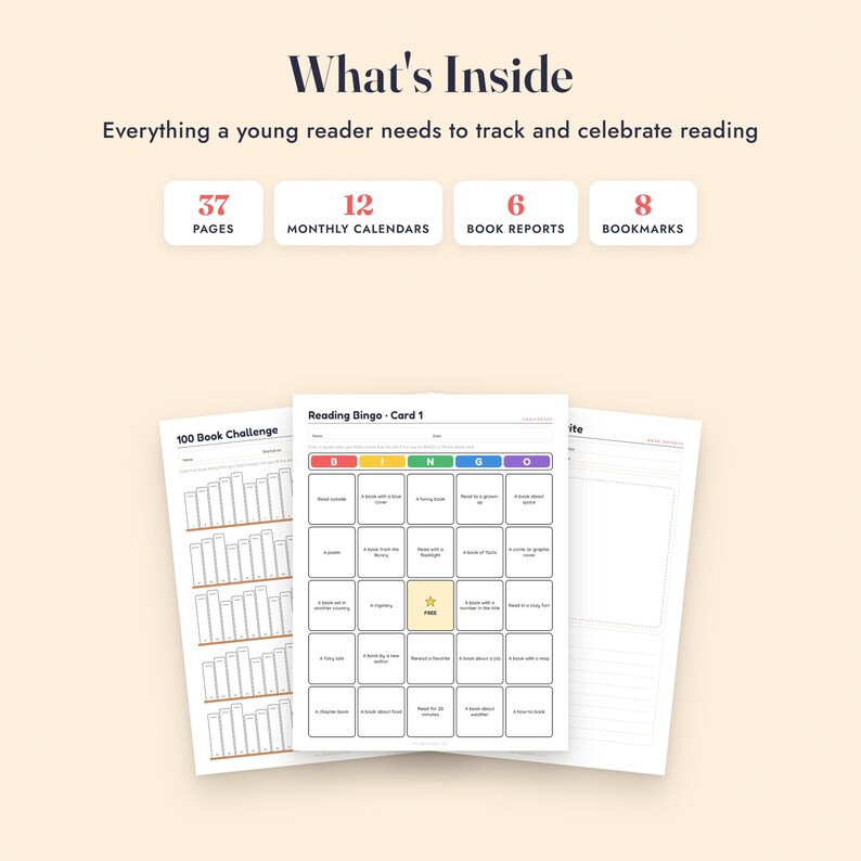 Reading Log for Kids Printable, Book Report Template, Bingo Challenge, 100 Book Tracker image 2