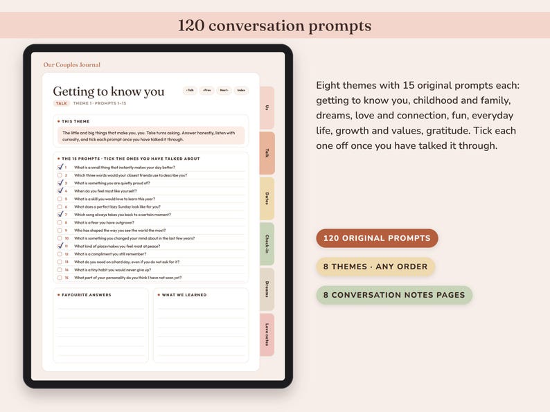 Diario di coppia stampabile, quaderno di esercizi per la relazione, 120 spunti di conversazione, idee per serate romantiche, check-in settimanale immagine 2