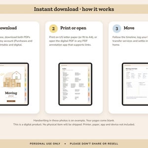 Puede incluir: Una infograf&iacute;a titulada Instant download how it works que muestra tres pasos para un planificador de mudanzas digital. Paso 1 Download, paso 2 Print or open, paso 3 Move. Cada paso incluye una pantalla de tableta con p&aacute;ginas del planificador.