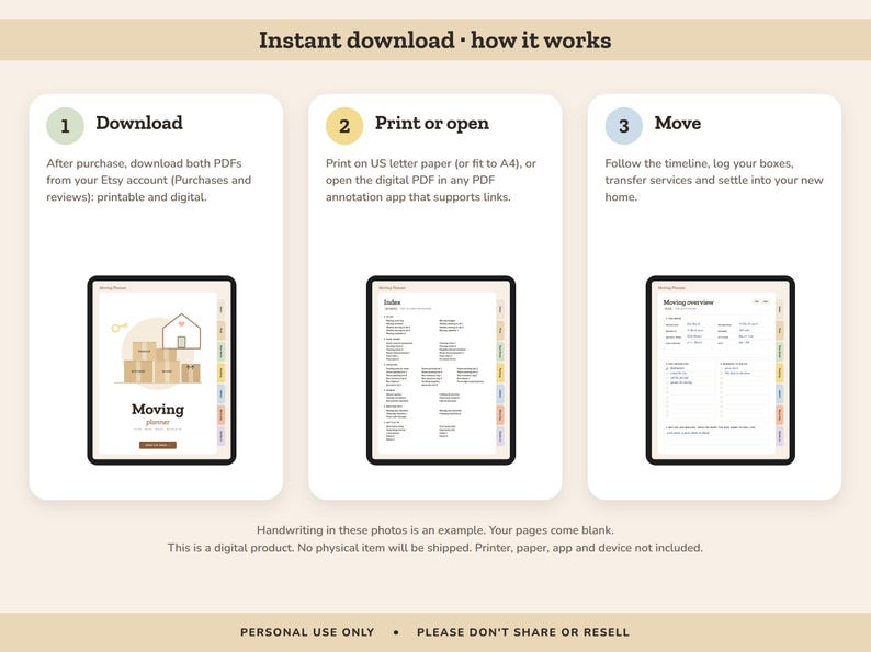 Puede incluir: Una infograf&iacute;a titulada Instant download how it works que muestra tres pasos para un planificador de mudanzas digital. Paso 1 Download, paso 2 Print or open, paso 3 Move. Cada paso incluye una pantalla de tableta con p&aacute;ginas del planificador.