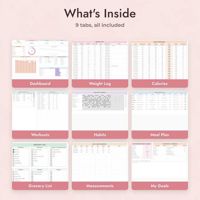 Fitness Planner Google Sheets, Weight Loss Journey Tracker, Calorie and Workout Log, Body Measurements bild 2
