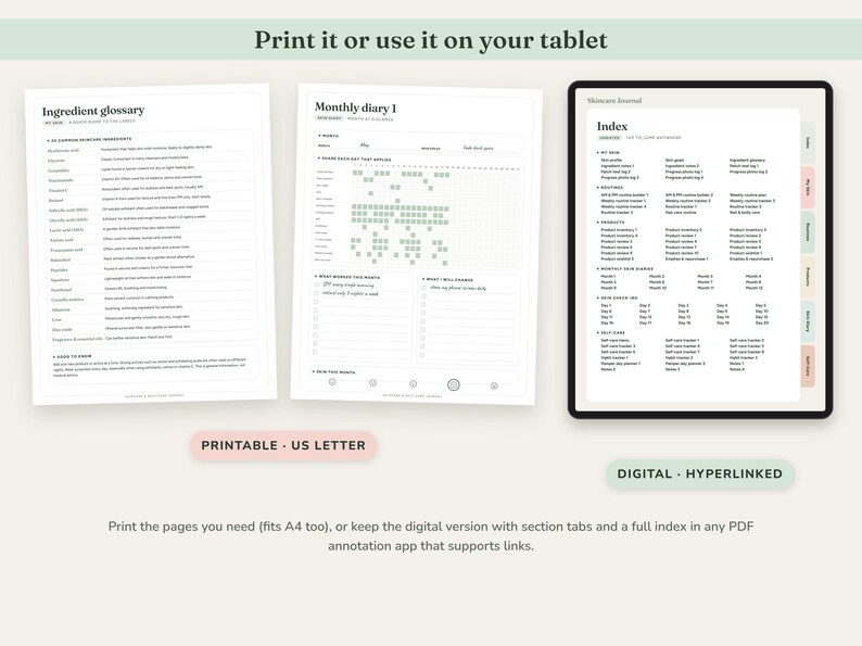 Skincare Journal Printable, Self Care Planner, Routine Tracker, Skin Diary, Product Inventory, Digital Undated image 9