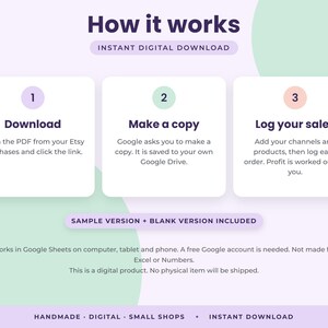 Peut inclure: Un graphique explicatif intitul&eacute; How it works, Instant Digital Download. Trois encadr&eacute;s blancs num&eacute;rot&eacute;s 1, 2 et 3 d&eacute;taillent le processus : Download, Make a copy, et Log your sales. Inclut des notes sur la compatibilit&eacute; Google Sheets.