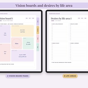 Puede incluir: Un diario de manifestaci&oacute;n digital mostrado en dos pantallas. La pantalla izquierda muestra una plantilla de tablero de visi&oacute;n con secciones de colores pastel para objetivos. La pantalla derecha presenta una plantilla de lista para deseos por &aacute;rea de vida, incluyendo amor, salud, hogar y trabajo.