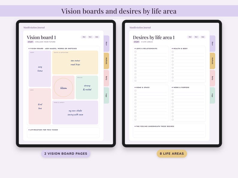 Puede incluir: Un diario de manifestaci&oacute;n digital mostrado en dos pantallas. La pantalla izquierda muestra una plantilla de tablero de visi&oacute;n con secciones de colores pastel para objetivos. La pantalla derecha presenta una plantilla de lista para deseos por &aacute;rea de vida, incluyendo amor, salud, hogar y trabajo.