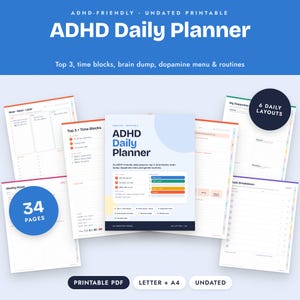 Planer ADHD do druku, niedatowany planer dzienny, blokowanie czasu, zrzut pamięci, menu dopaminowe, rutyny zdjęcie 1