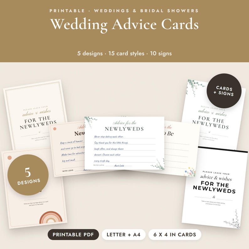 Wedding Advice Cards Printable, Newlywed and Bride to Be Cards, Signs, 5 Designs image 1