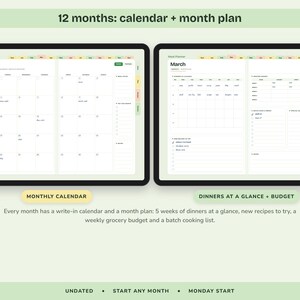 Puede incluir: Un planificador digital mostrado en dos pantallas con un calendario de 12 meses y un plan mensual. La interfaz incluye una vista de calendario mensual, una secci&oacute;n de planificaci&oacute;n de cenas, un presupuesto semanal y una lista de cocina.