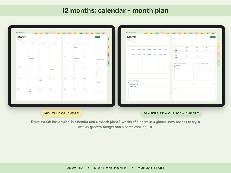 Puede incluir: Un planificador digital mostrado en dos pantallas con un calendario de 12 meses y un plan mensual. La interfaz incluye una vista de calendario mensual, una secci&oacute;n de planificaci&oacute;n de cenas, un presupuesto semanal y una lista de cocina.