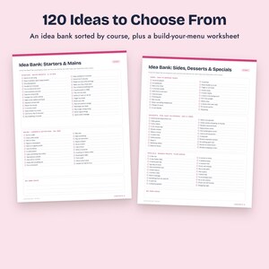 K&ouml;nnte beinhalten: Zwei wei&szlig;e Papierarbeitsbl&auml;tter mit dunkelblauem und magentafarbenem Text mit der &Uuml;berschrift 120 Ideas to Choose From. Das linke Blatt tr&auml;gt den Titel Idea Bank: Starters & Mains, das rechte Idea Bank: Sides, Desserts & Specials, beide mit Checklisten.