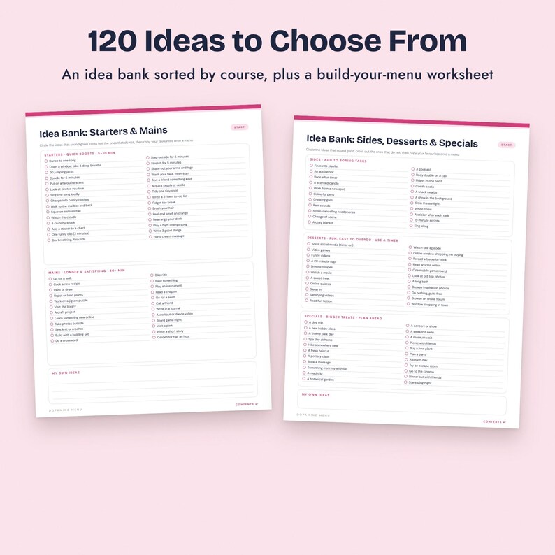 K&ouml;nnte beinhalten: Zwei wei&szlig;e Papierarbeitsbl&auml;tter mit dunkelblauem und magentafarbenem Text mit der &Uuml;berschrift 120 Ideas to Choose From. Das linke Blatt tr&auml;gt den Titel Idea Bank: Starters & Mains, das rechte Idea Bank: Sides, Desserts & Specials, beide mit Checklisten.