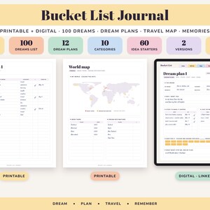 Bucket List Journal Printable, 100 Dreams, Travel Map, Goal Planner, Adventure Log, Digital Undated image 1
