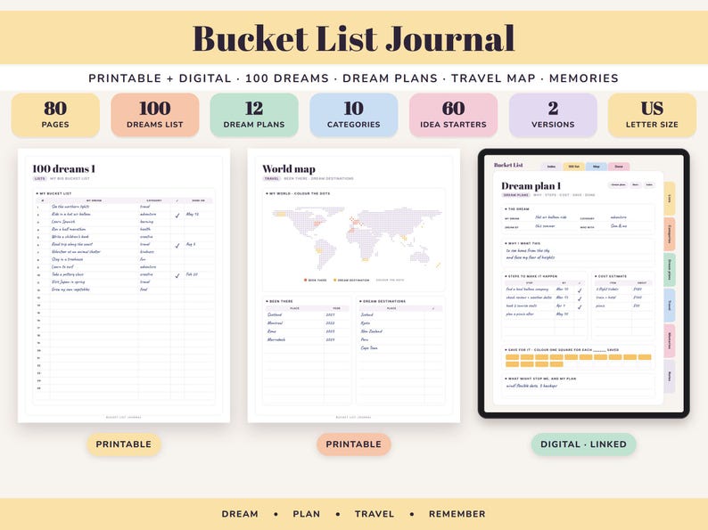Bucket List Journal Printable, 100 Dreams, Travel Map, Goal Planner, Adventure Log, Digital Undated image 1