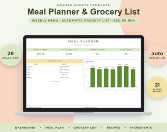 Meal Planner Google Sheets, Weekly Menu with Automatic Grocery List, Recipe Organizer