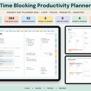 Time Blocking Planner Digital, Undated Productivity Journal, Hourly Schedule, Priority Matrix, Focus Session Log image 1
