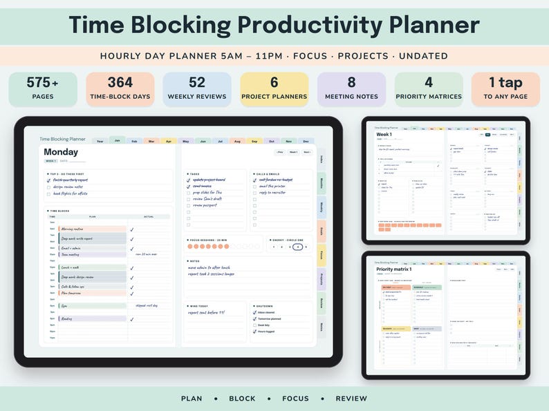 Time Blocking Planner Digital, Undated Productivity Journal, Hourly Schedule, Priority Matrix, Focus Session Log image 1