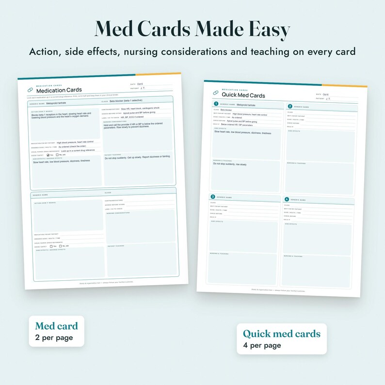 May include: Two white paper sheets titled Med Cards Made Easy, featuring Medication Cards with two per page and Quick Med Cards with four per page. The forms include fields for drug name, class, action, side effects, nursing considerations, and teaching.