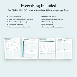 May include: A digital collection of clinical nursing forms including two fillable PDFs in US Letter and A4 sizes and two ZIP files. The set features a clinical prep sheet, SBAR handoff report, patient care worksheet, and quick med cards.