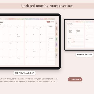 May include: A digital daily planner displayed on two screens, featuring a monthly calendar view on the left and a monthly reset page on the right. The interface includes tabs for months, goal tracking, habit tracking, and mood tracking sections.