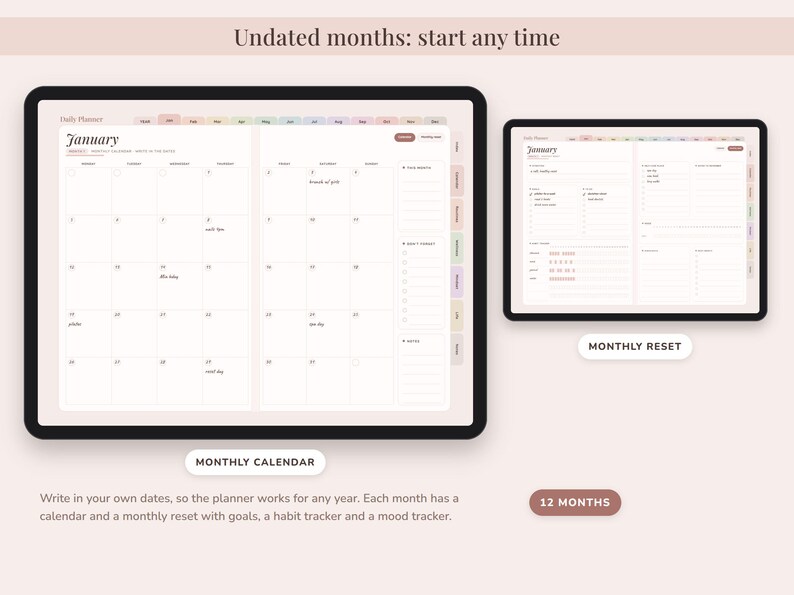 May include: A digital daily planner displayed on two screens, featuring a monthly calendar view on the left and a monthly reset page on the right. The interface includes tabs for months, goal tracking, habit tracking, and mood tracking sections.