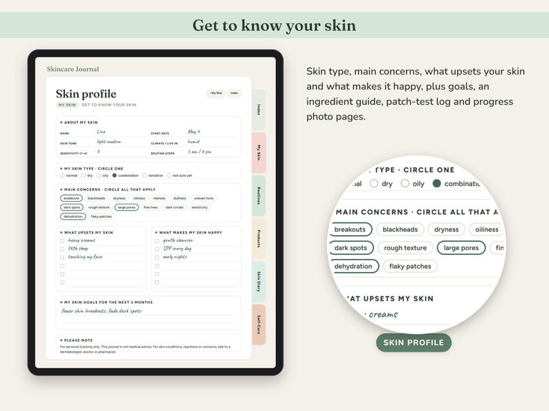 Skincare Journal Printable, Self Care Planner, Routine Tracker, Skin Diary, Product Inventory, Digital Undated image 2