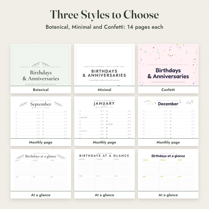 Birthday Calendar Printable, Perpetual Anniversary Calendar, 3 Styles, Monthly and One Page, Letter A4 imagen 3