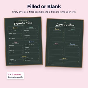 K&ouml;nnte beinhalten: Zwei dunkelgr&uuml;ne Dopamine Menu-Bl&auml;tter mit braunen R&auml;ndern. Das linke Blatt ist mit Text wie Starters, Mains, Sides, Desserts und Specials gef&uuml;llt. Das rechte Blatt ist leer und hat dieselben &Uuml;berschriften. Text: Filled or Blank und 5 + 5 menus.