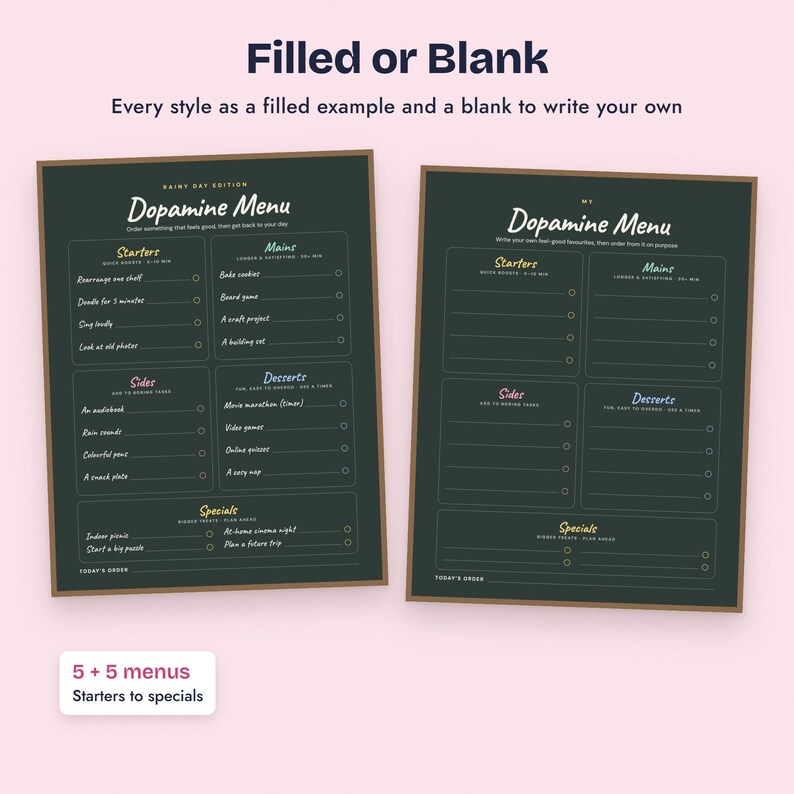 K&ouml;nnte beinhalten: Zwei dunkelgr&uuml;ne Dopamine Menu-Bl&auml;tter mit braunen R&auml;ndern. Das linke Blatt ist mit Text wie Starters, Mains, Sides, Desserts und Specials gef&uuml;llt. Das rechte Blatt ist leer und hat dieselben &Uuml;berschriften. Text: Filled or Blank und 5 + 5 menus.