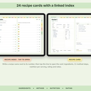 Puede incluir: Una interfaz de planificador de comidas digital que muestra 24 tarjetas de recetas con un &iacute;ndice vinculado. La pantalla izquierda muestra un &iacute;ndice numerado, mientras que la derecha muestra una tarjeta detallada con ingredientes, pasos, nutrici&oacute;n y notas.