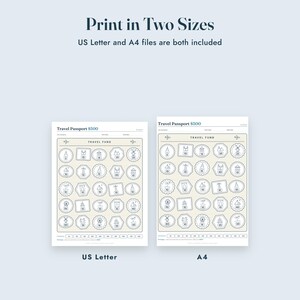 May include: A printable travel fund savings tracker titled Travel Passport $500. The document features a grid of circular and hexagonal icons with travel-themed line art and numerical values. It is available in US Letter and A4 paper sizes.