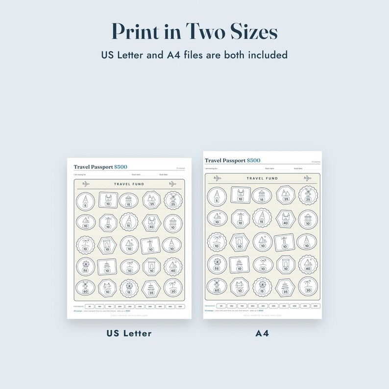 May include: A printable travel fund savings tracker titled Travel Passport $500. The document features a grid of circular and hexagonal icons with travel-themed line art and numerical values. It is available in US Letter and A4 paper sizes.