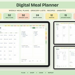 Puede incluir: Un planificador de comidas digital en pantallas de tableta, con 172 p&aacute;ginas, 52 planes de comidas, 52 listas de la compra, 24 tarjetas de recetas, 12 meses y 15 p&aacute;ginas de cocina. La interfaz incluye horarios semanales y casillas de verificaci&oacute;n.