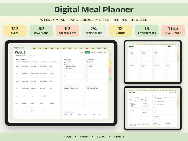 Puede incluir: Un planificador de comidas digital en pantallas de tableta, con 172 p&aacute;ginas, 52 planes de comidas, 52 listas de la compra, 24 tarjetas de recetas, 12 meses y 15 p&aacute;ginas de cocina. La interfaz incluye horarios semanales y casillas de verificaci&oacute;n.