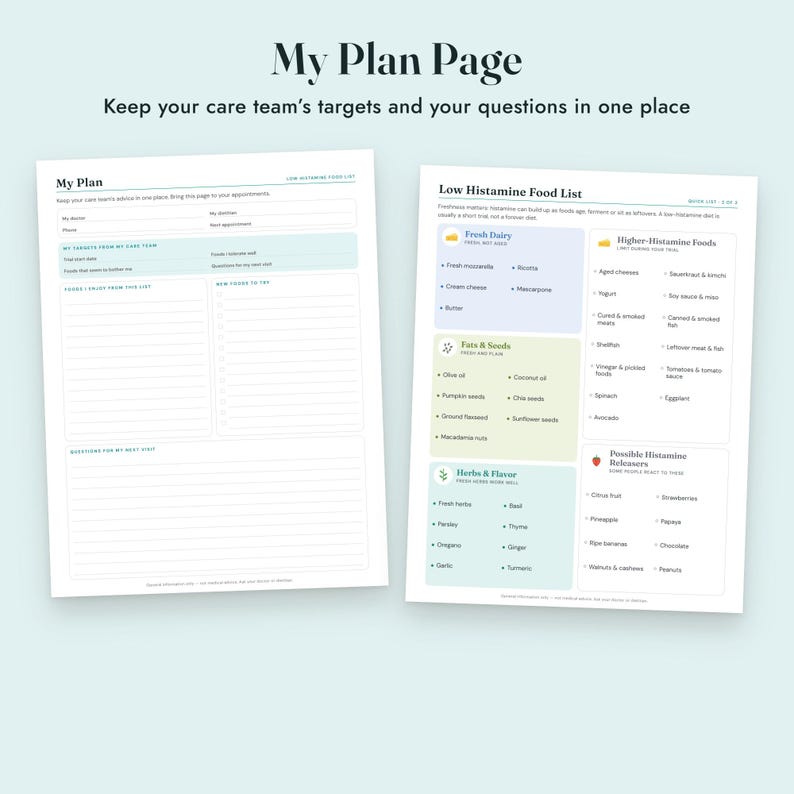 Low Histamine Food List Printable, Histamine Diet Grocery List, Food Diary, Letter A4 imagen 8