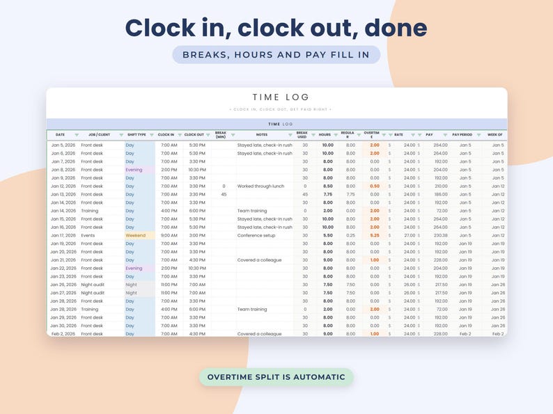 Timesheet Google Sheets Template, Overtime Tracker, Hourly Pay Calculator, Work Hours Log image 4